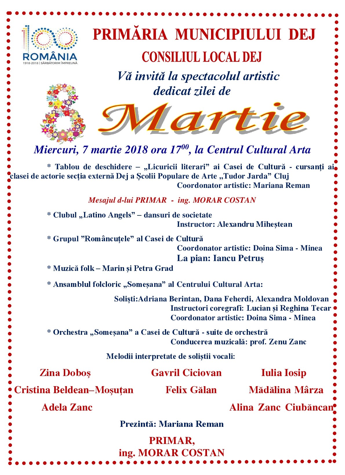 Spectacol dedicat zilei de 8 MARTIE,  miercuri la Centrul Cultural ”Arta”